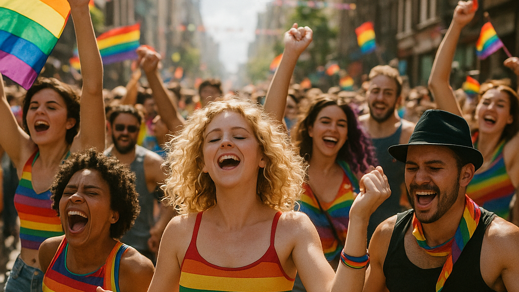 Des personnes célébrant lors d’une parade de la fierté avec des drapeaux arc-en-ciel et des vêtements.