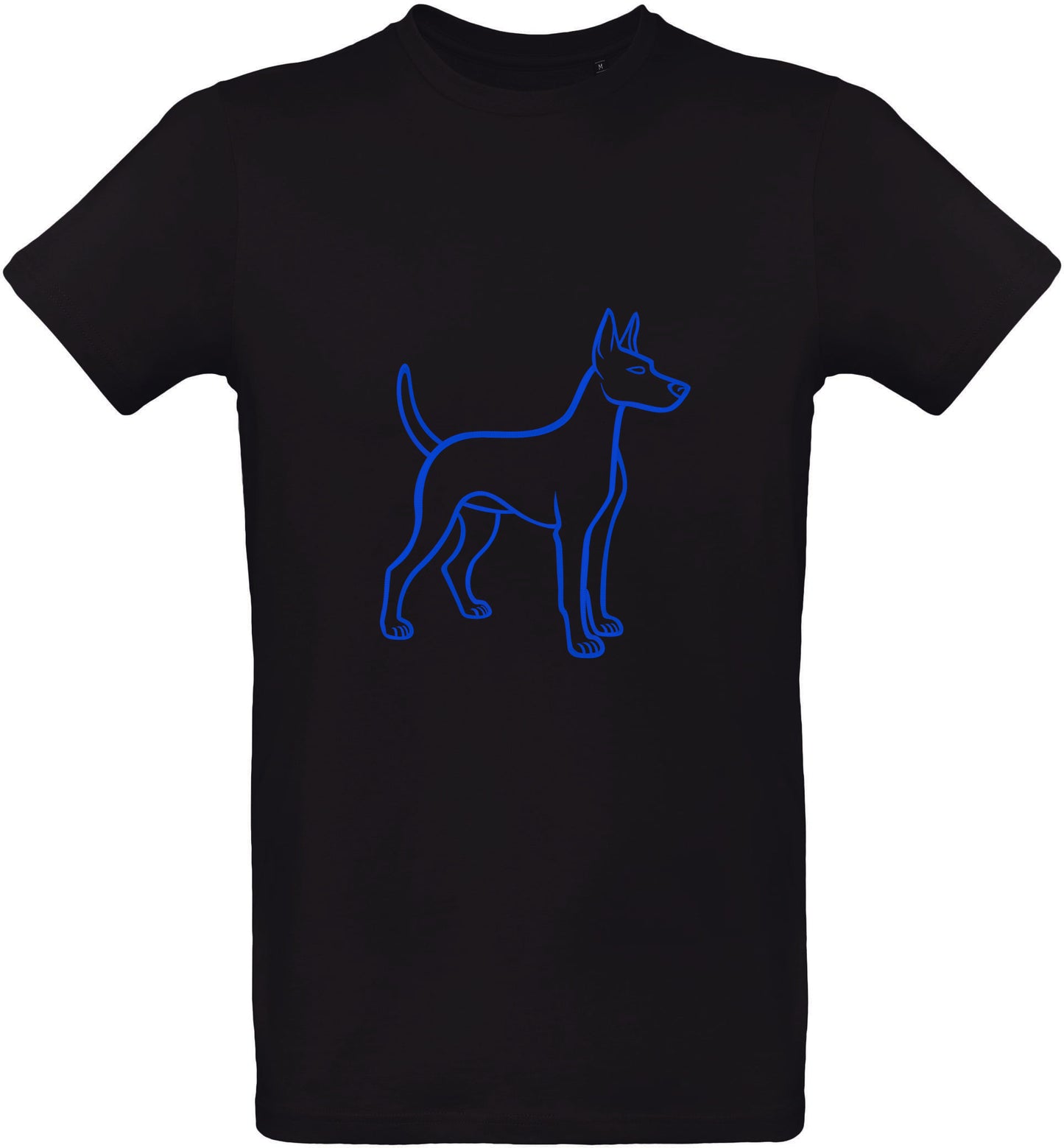 T-shirt noir avec un contour de chiot bleu foncé sur fond blanc