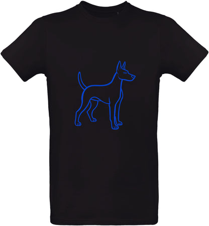 T-shirt noir avec un contour de chiot bleu foncé sur fond blanc