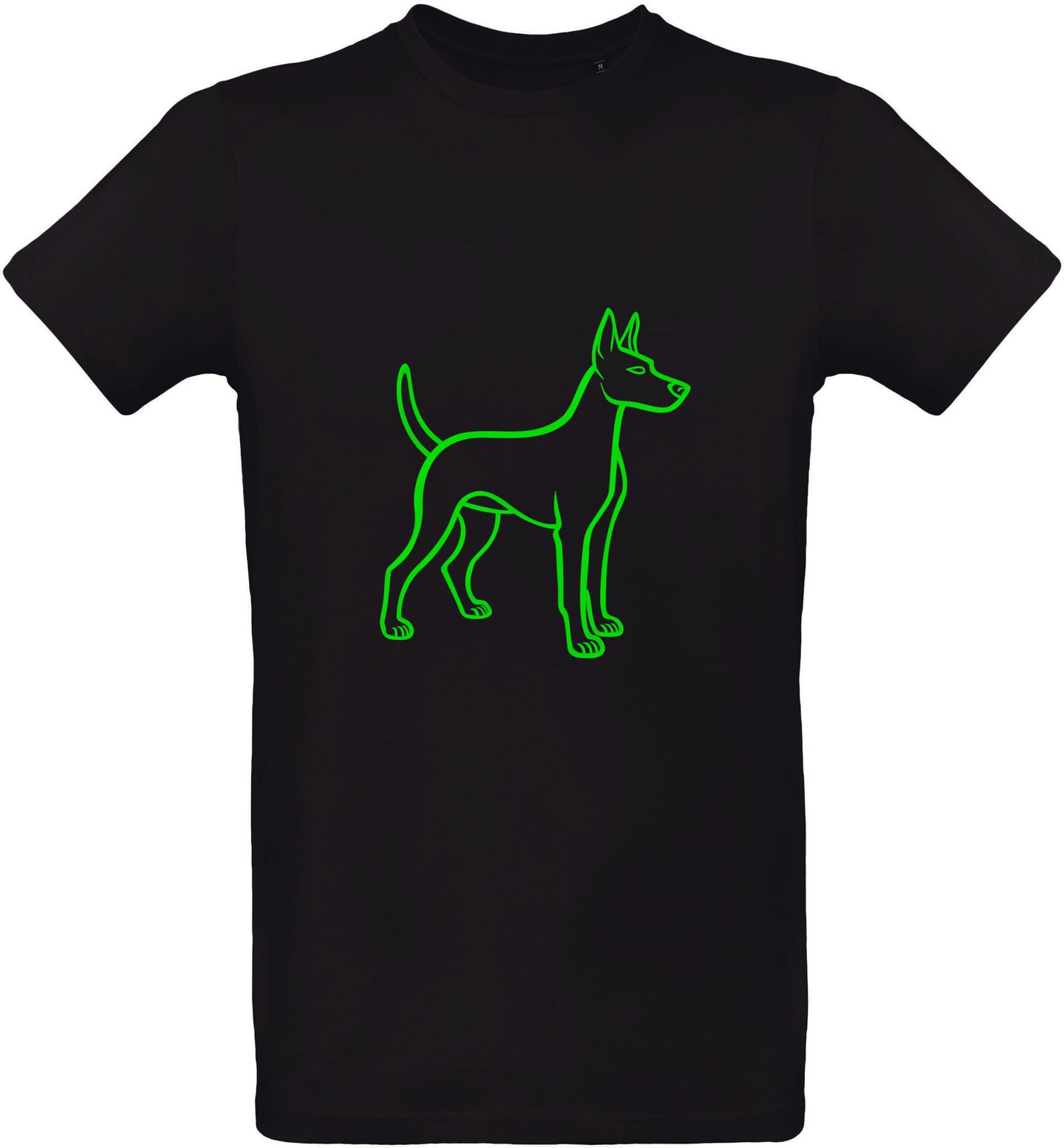 T-shirt noir avec un contour de chiot vert sur fond blanc