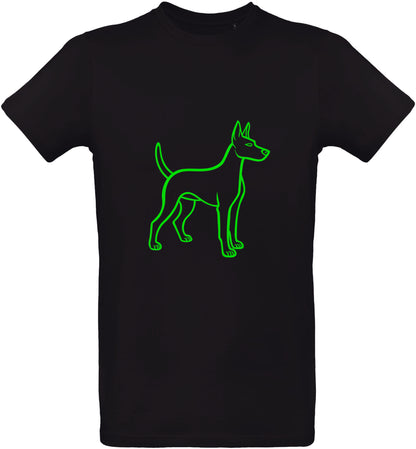 T-shirt noir avec un contour de chiot vert sur fond blanc