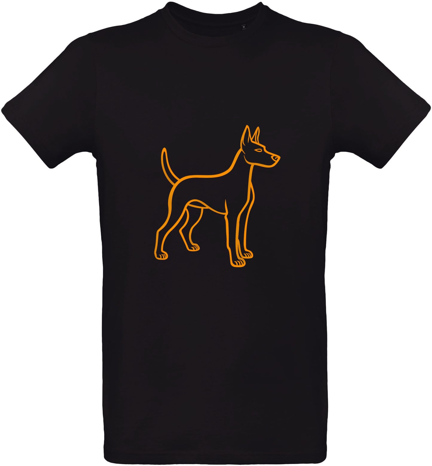 T-shirt noir avec un contour de chiot orange sur fond blanc