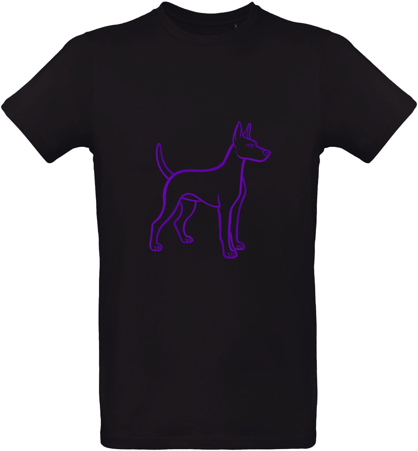 T-shirt noir avec un contour de chiot violet sur fond blanc