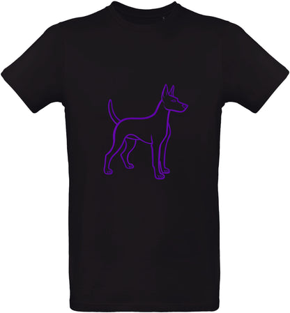 T-shirt noir avec un contour de chiot violet sur fond blanc