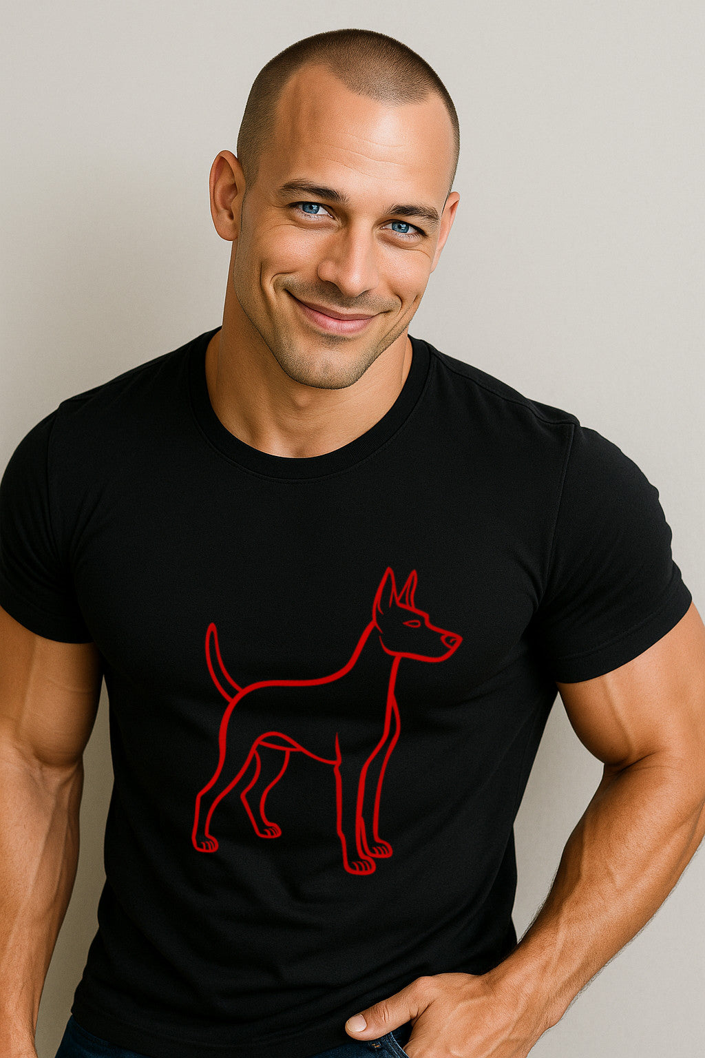 Homme portant un t-shirt noir avec un contour de chien rouge sur un fond uni