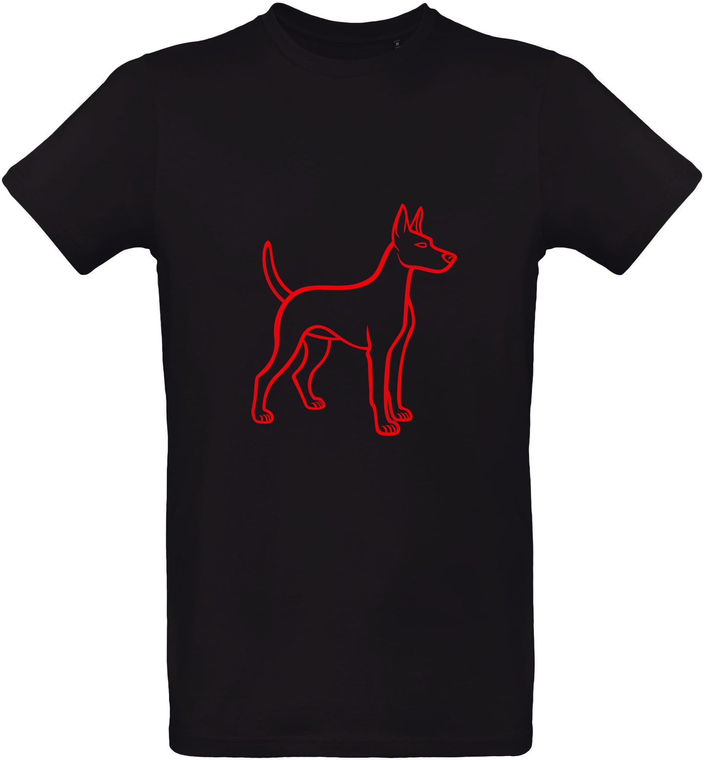T-shirt noir avec un contour de chiot rouge sur fond blanc