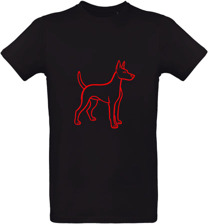 T-shirt noir avec un contour de chiot rouge sur fond blanc
