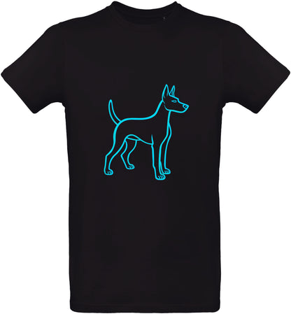 T-shirt noir avec un contour de chiot bleu ciel sur fond blanc