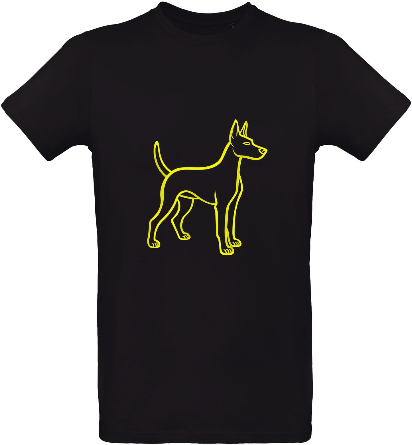 T-shirt noir avec un contour de chiot jaune sur fond blanc