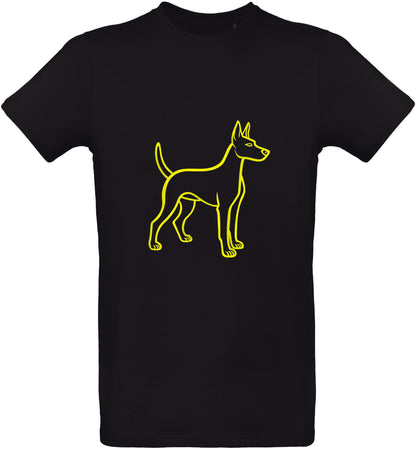 T-shirt noir avec un contour de chiot jaune sur fond blanc